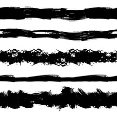 Vector Set of Grunge Seamless Stipes, Brush Strokes, Black Ink Splatters.