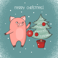Merry Christmas card design. Cute little pig, symbol of New Year 2019. Vector illustration.