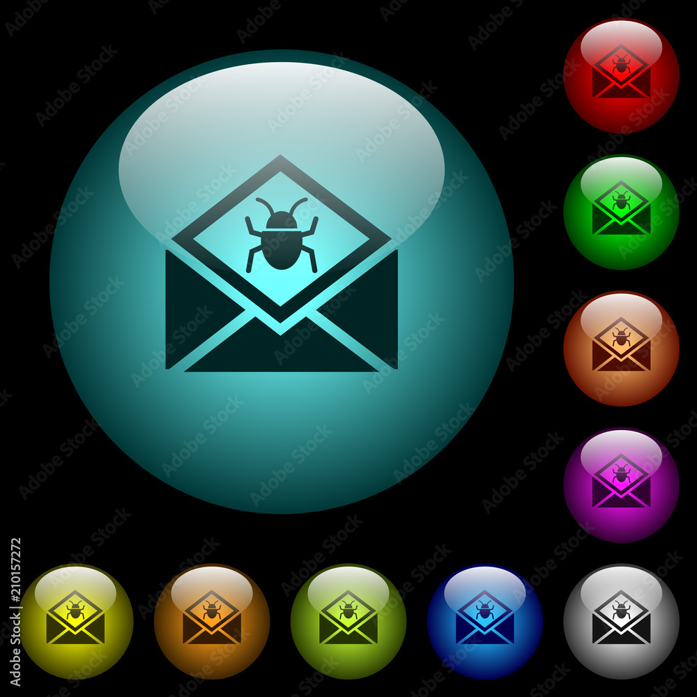 Poster open mail with malware symbol icons in color illuminated glass buttons