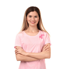 Fototapeta premium Beautiful woman with pink ribbon on white background. Breast cancer concept