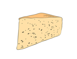 Vector illustration, isolated triangularly cut yellow piece of cheese with small holes, outline hand painted drawing