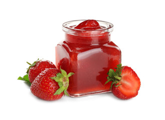 Glass jar with tasty strawberry jam on white background