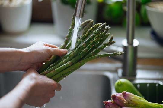 Fototapeta Woman washing fresh asparagus in kitchen