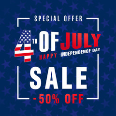 Fototapeta premium 4th Of July USA, Independence Day Sale promotion background. Fourth of july sale flyer, Discount special offer -50% off. Online Sale vector banner