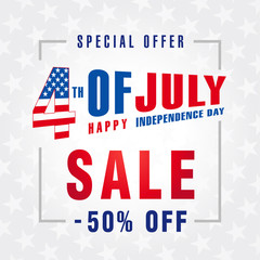 4th Of July USA, Independence Day Sale promotion background. Fourth of july sale flyer, Discount special offer -50% off. Online Sale vector banner