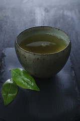hot green tea in a traditional bowl