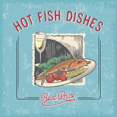 Рыба на тарелке, Бокал с вином, старая рекламная вывеска, винтаж, лучшая цена, леттеринг, иллюстрация, вектор