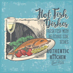 Рыба на тарелке, Бокал с вином, старая рекламная вывеска, винтаж, аутентичная кухня, леттеринг, иллюстрация, вектор