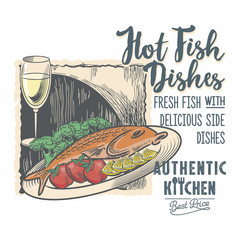 Рыба на тарелке, Бокал с вином, рекламная вывеска на белом фоне, аутентичная кухня, леттеринг, иллюстрация, вектор