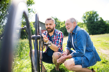 An adult hipster son and senior father repairing bicycle outside on a sunny day.