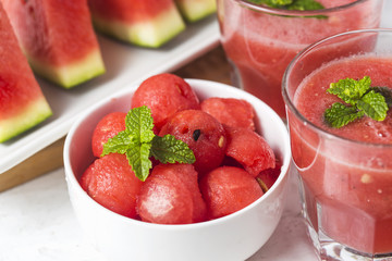 Watermelon drink in glasses with slices of watermelon