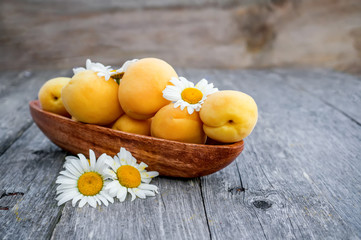 Ripe Golden apricots in wooden bowl on wooden background. Copy space