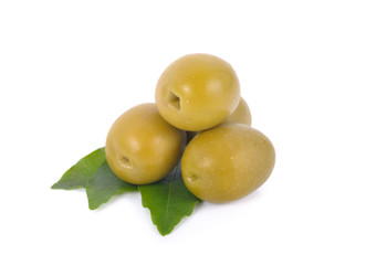 pickled olives with leaves on white background