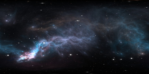 360 degree space nebula panorama, equirectangular projection, environment map. HDRI spherical panorama. Space background with nebula and stars.