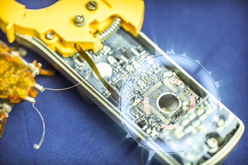 Electronics Circuit Board for IOT Engineering Education Concept, Copy Space on Blue Background.