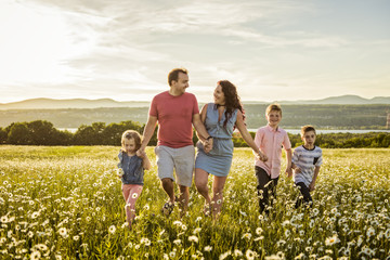 Fototapeta premium Happy family having fun on daisy field at sunset