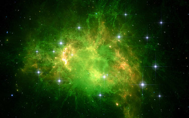 Glowing giant green blob of gas and dust, Lyman-alpha radiation.