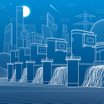 Hydro power plant. River Dam. Energy station. City infrastructure industrial illustration. White lines on blue background. Vector design art