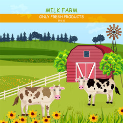 Cows in the farm Vector. Green fields summer outdoors backgrounds