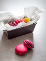 colorful macaroons, almond cookies, pastel colors, vintage card, with place to add text