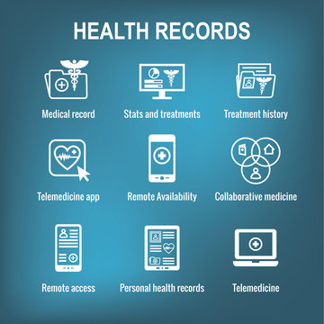 Telemedicine and Health Records Icon Set with Caduceus, file folders, computers, etc