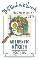 Яичница на сковороде с грибами и картофелем, рекламная вывеска на белом фоне, вертикальная, аутентичная кухня, лучшая цена, леттеринг, иллюстрация, вектор