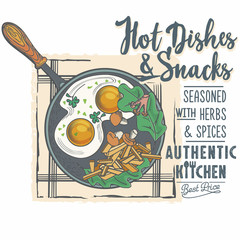 Яичница на сковороде с грибами и картофелем, рекламная вывеска на белом фоне, аутентичная кухня, леттеринг, иллюстрация, вектор