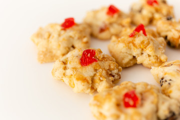 Selective focus dessert with dry fruit on white background