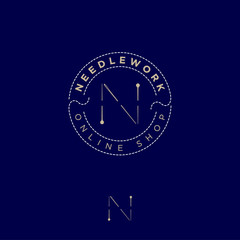 N letter consists of a pins and a needle in a thread circle. Handicraft and tailoring. Online shop for sewing and needlework.