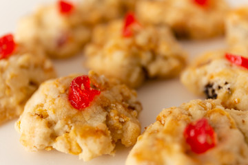 Selective focus dessert with dry fruit on white background