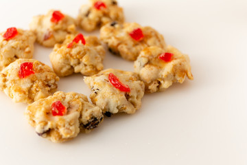 Selective focus dessert with dry fruit on white background