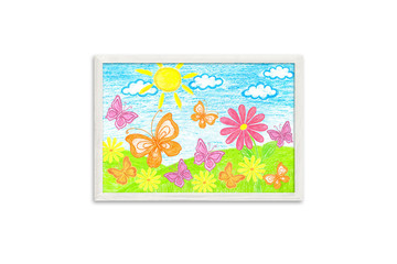 Frame mock up with colored pencils drawing, author's design illustration. Colorful butterflies and daisy flowers. Wall art decor 