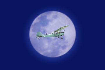 Naklejka na ściany i meble Full Moon Airplane Getaway. Flying Vintage Airplane At Night.