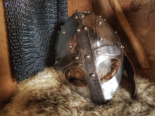 A Viking helmet and chainmail  - obrazy, fototapety, plakaty