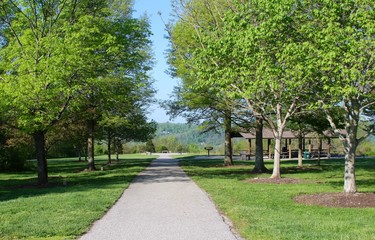A view of the walkway in the park on a sunny spring day.