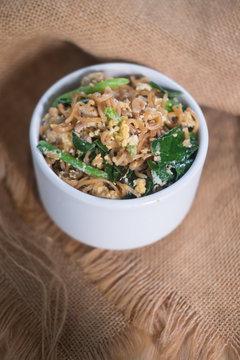 Fried instant noodles with minced pork, egg and vegetable