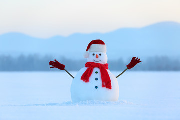 Winter scenery. Christmas snowman wearing red hat, scarf and gloves. High mountains. Nice fairy...