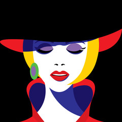 Girl in hat in pop art style. Vector graphics.