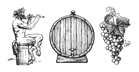 Hand drawn elements for wine design. Satyr, barrel, bunch of grapes. Vector. - obrazy, fototapety, plakaty