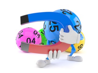 Lotto ball character holding horseshoe magnet