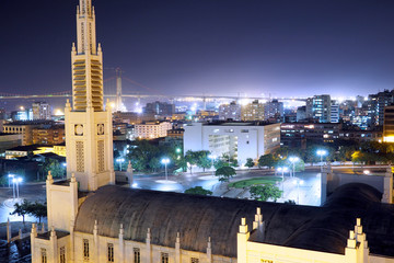 High angle over the city of Maputo at night - obrazy, fototapety, plakaty