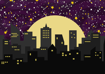 Vector background illustration with night city, sky, stars and dust.