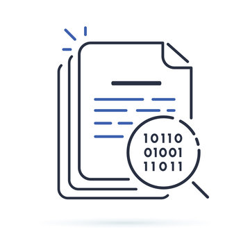 Smart Contract audit or smart contract review icon. Main electronic blockchain ICO document with loupe and code.
