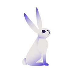 Obraz premium Cute rabbit with ultra violet ears and legs sitting and looking up isolated on white background. Cartoon cute dreamlike colorful fluffy bunny character in vector illustration.