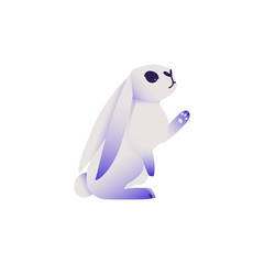 Cute rabbit with ultra violet ears and legs sitting and pointing or touching something isolated on white background - cartoon cute dreamlike colorful fluffy bunny character in vector illustration.