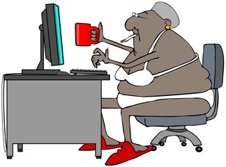 Illustration of an old black woman drinking coffee and smoking a cigarette while sitting at her computer in her bra and panties.