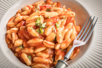 Cavatelli pasta with fresh tomato sauce.