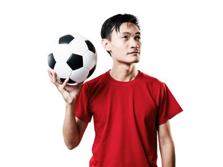 Asian Thai people soccer fan football in red sleeve shirt isolated on white.