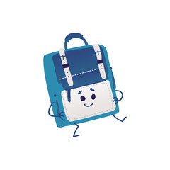 Cute backpack cartoon character dancing isolated on white background - funny school bag personage with smiling face for back to school concept in vector illustration.