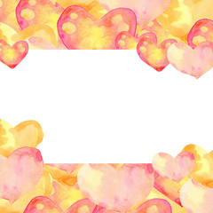 Watercolor illustration. Frame with yellow and pink hearts with a color and white background